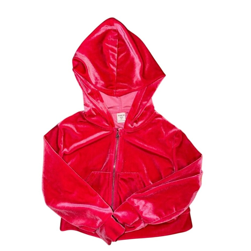 SHEIN Kids Pink Velvet Angel Rhinestone Zip Up Hoodie Sweatshirt Size 4Y